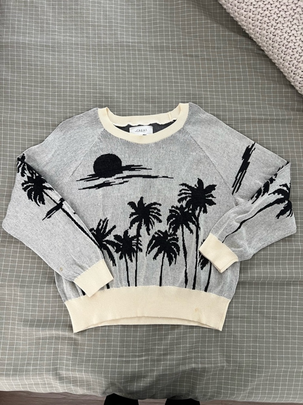THE GREAT. Palm Tree Knit Crew Sweater in Beige and Black - 2/M